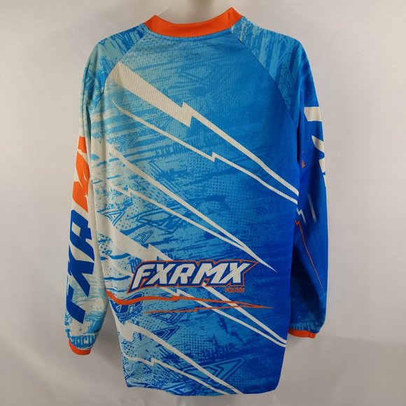 FXR MX Racing Long Sleeve Shirt Motocross Snowmobile Blue White Jersey Large - Picture 2 of 3